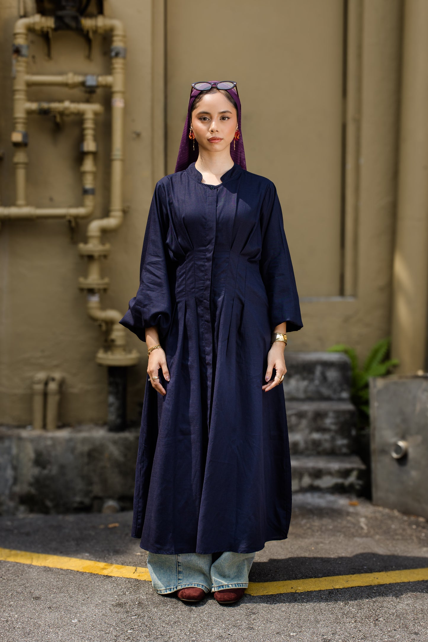 Serein Waisted Dress - Navy