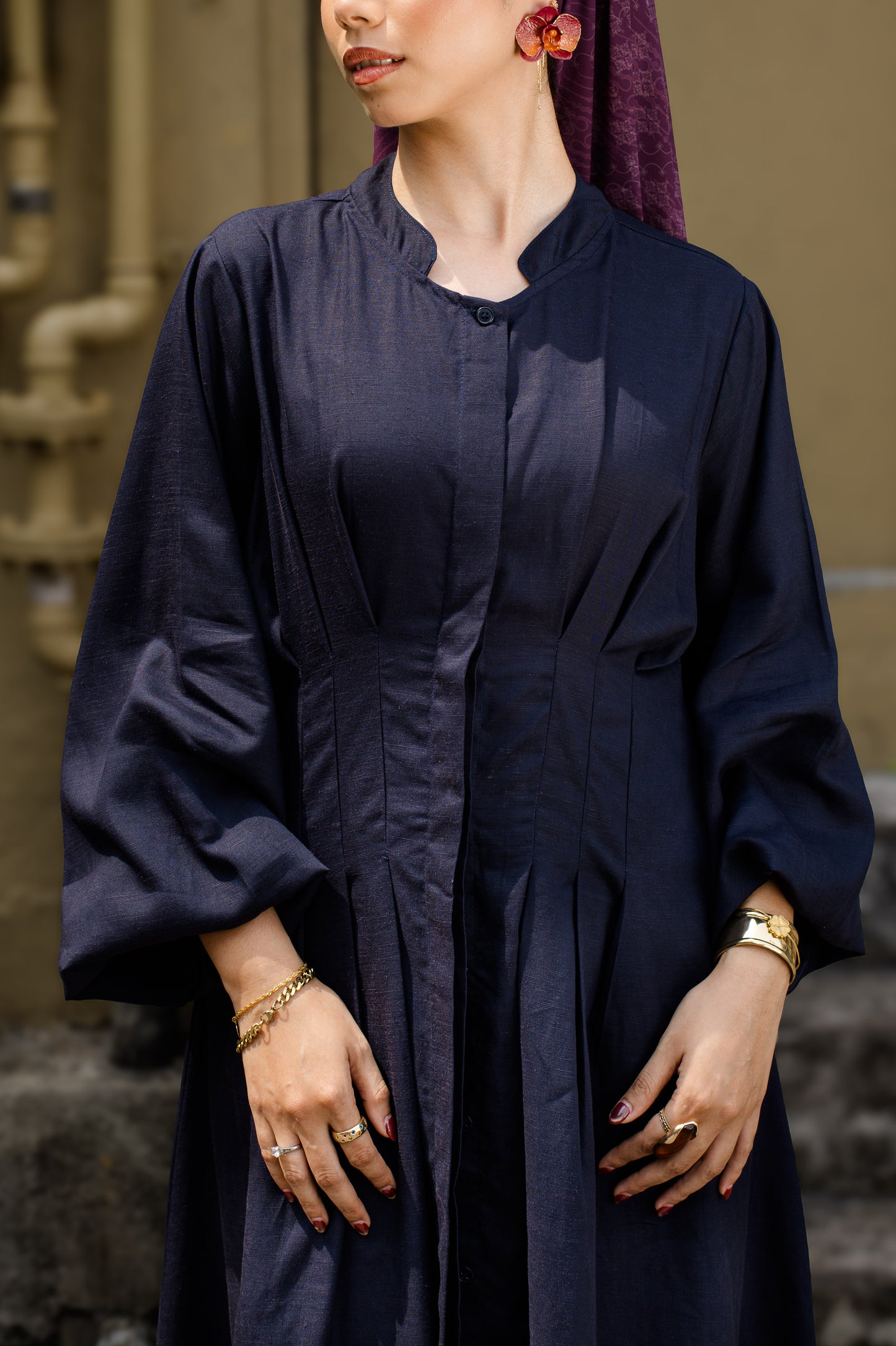 Serein Waisted Dress - Navy