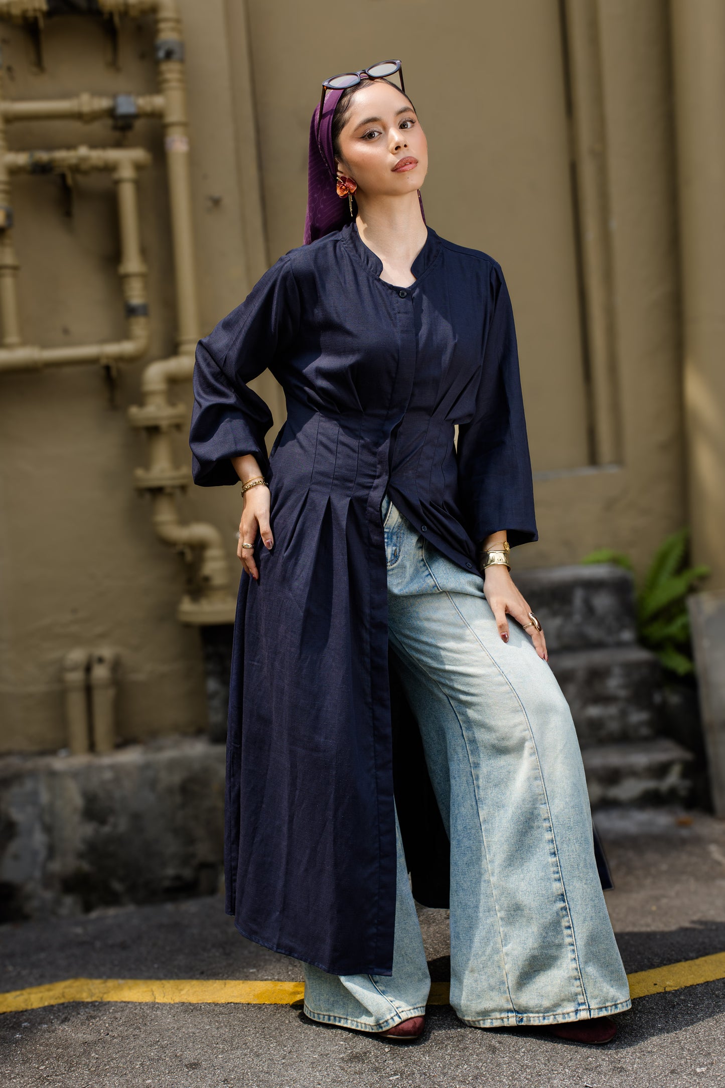Serein Waisted Dress - Navy